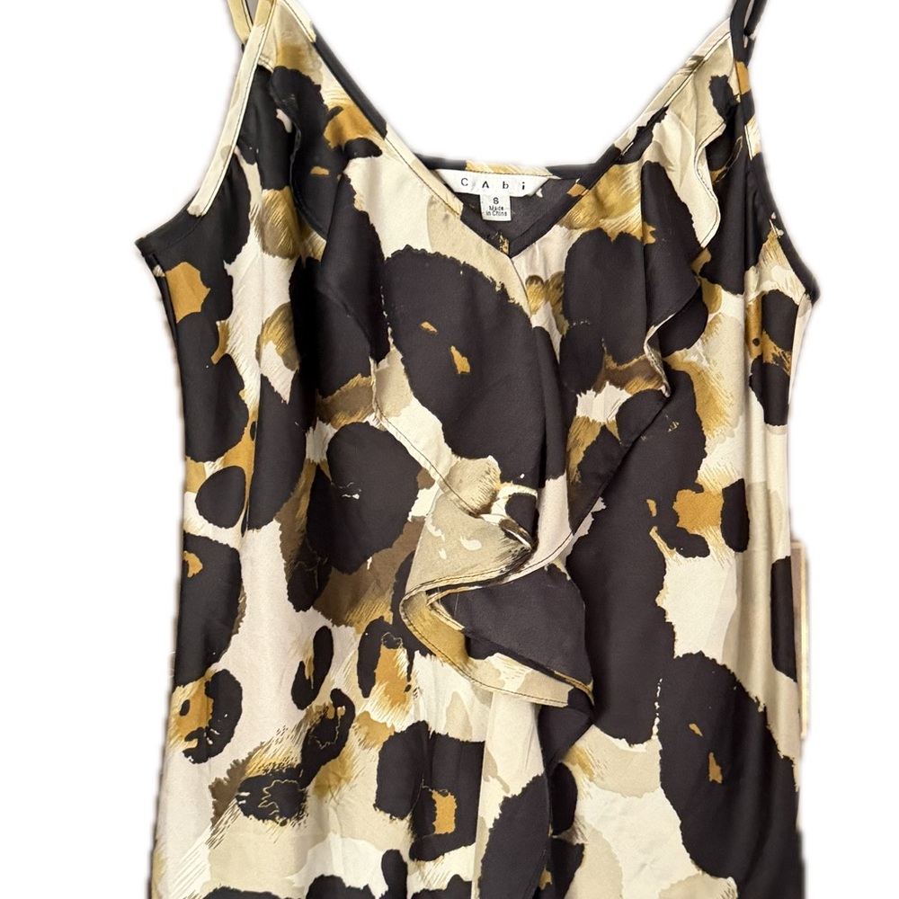 CAbi Black, Gold and Cream Animal Print Ruffle Cami